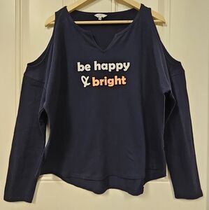 Be Happy & Bright inspiration cotton tee tops cold shoulder navy blue size XL